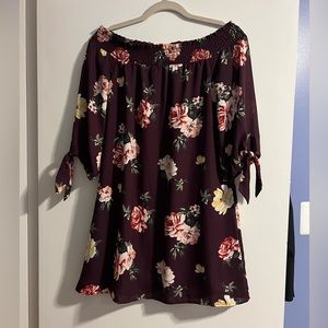 3/4 sleeve burgundy floral dress
